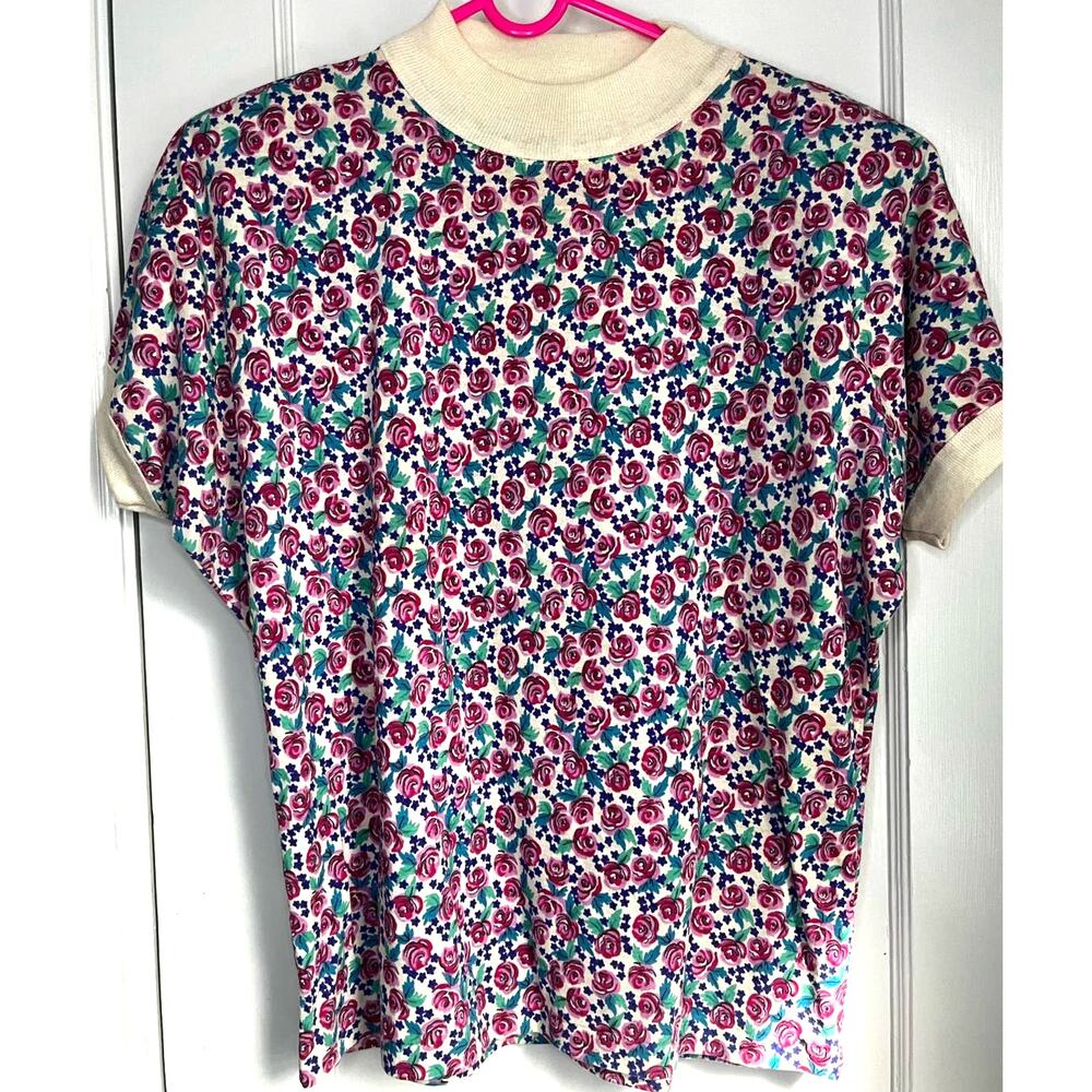 Vintage 80s Kicks Pink White Purple Floral Casual Blouse Top Medium Boho Cottage